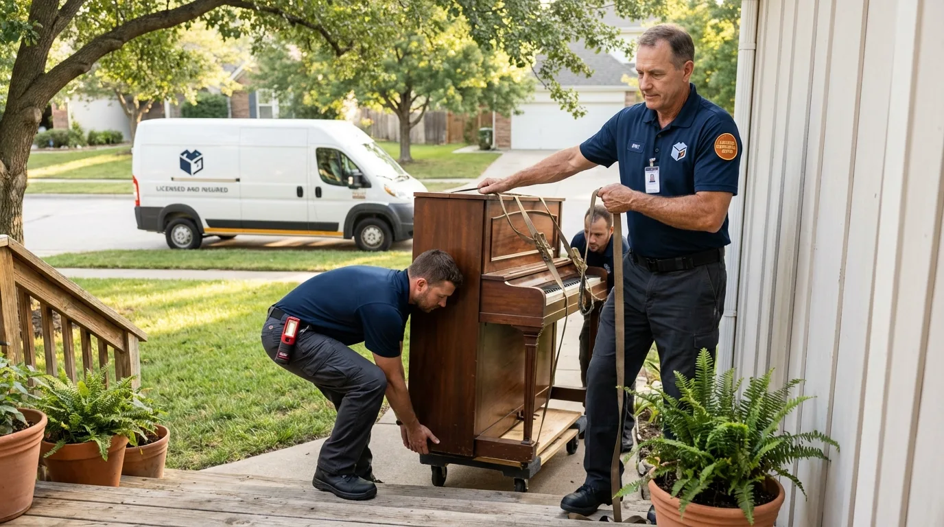 Licensed piano movers securing grand piano in Morenci, AZ