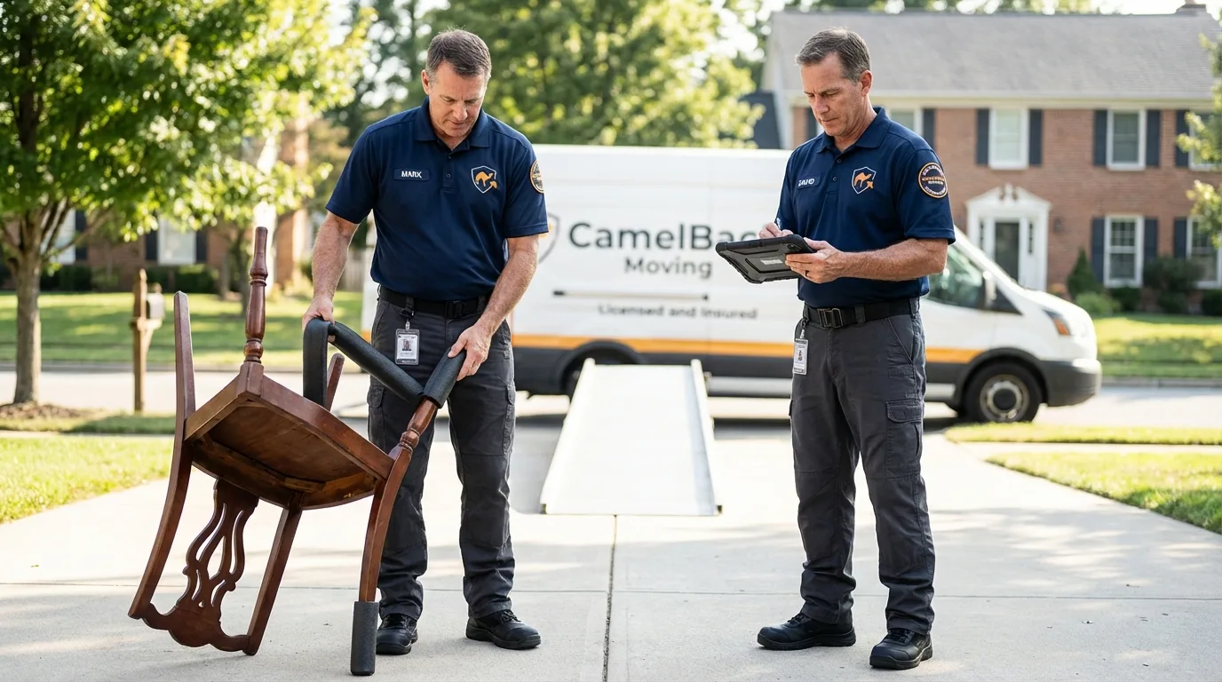 Movers inspecting furniture for damage prevention before loading in Morenci, AZ